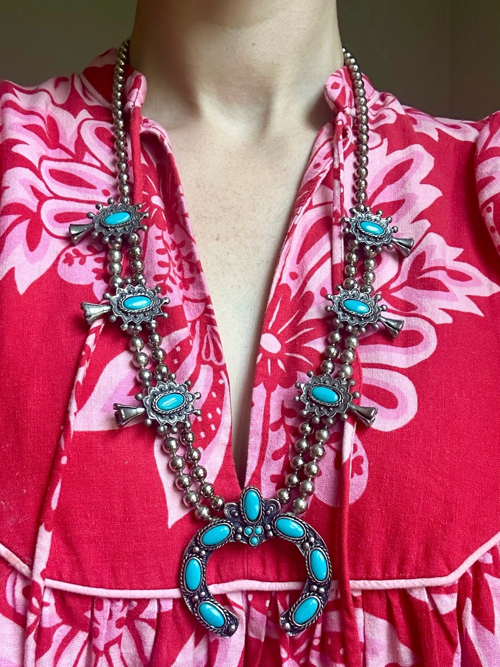 Vintage Silvertone Squash Blossom Native Style Necklace Ball Faux Turquoise Big